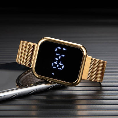 Touch Led Magnet Watch Fashion Casual Sports Men’s Watch Touch Smart Led Digital Watches Electronics Wrist Watches For Men Women Square Clock Golden
